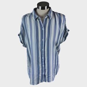 BLL beachlunchlounge Medium Cap Sleeve Striped Button Front Shirt Blue